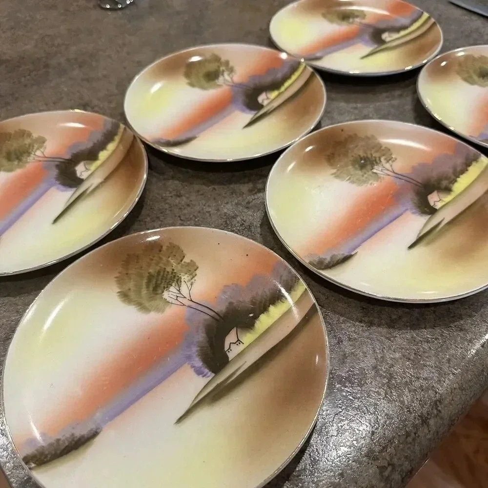 Vintage Hand Painted Made In Japan Plate Set Outdoor House Tree 6”